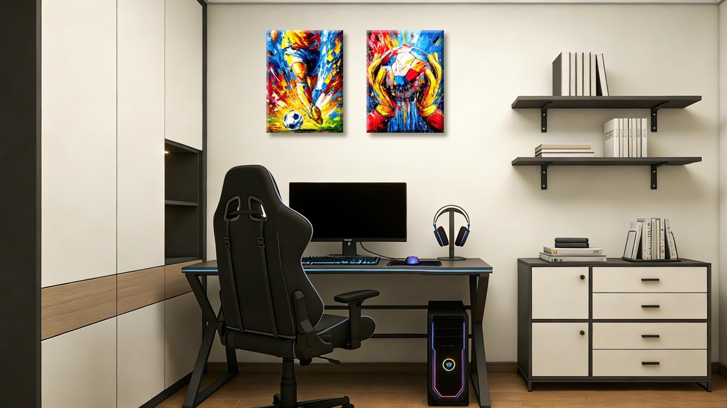 Frimeeme 2Pcs Graffiti Soccer Canvas Wall Art, Colorful Abstract Sports Decor for Bedroom Boys Room Teen Kids Playroom, Framed,12x16 Inch