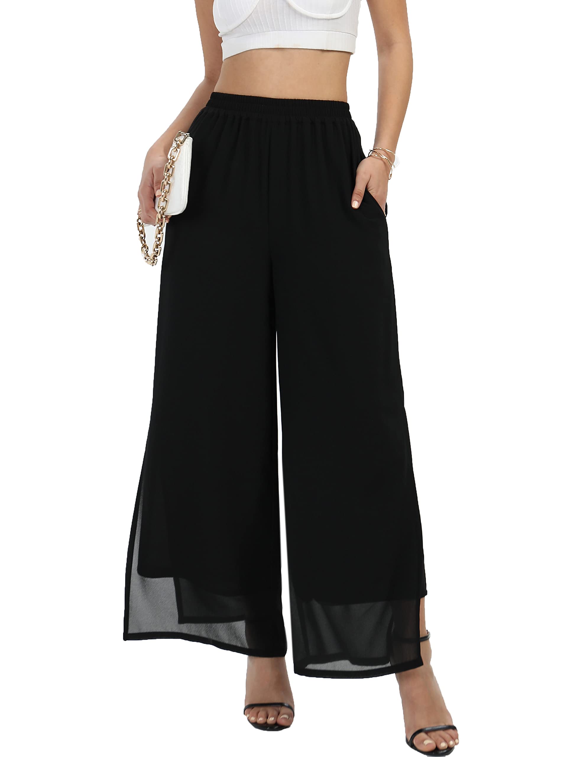 Womens Wide Leg Chiffon Dress Palazzo Pants Casual Split Hem Summer Trousers Party Club Pant