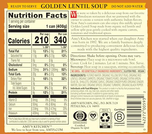 image for Amy's Soup, Vegan Golden Lentil Soup, Gluten Free Indian Dal, Made Wit