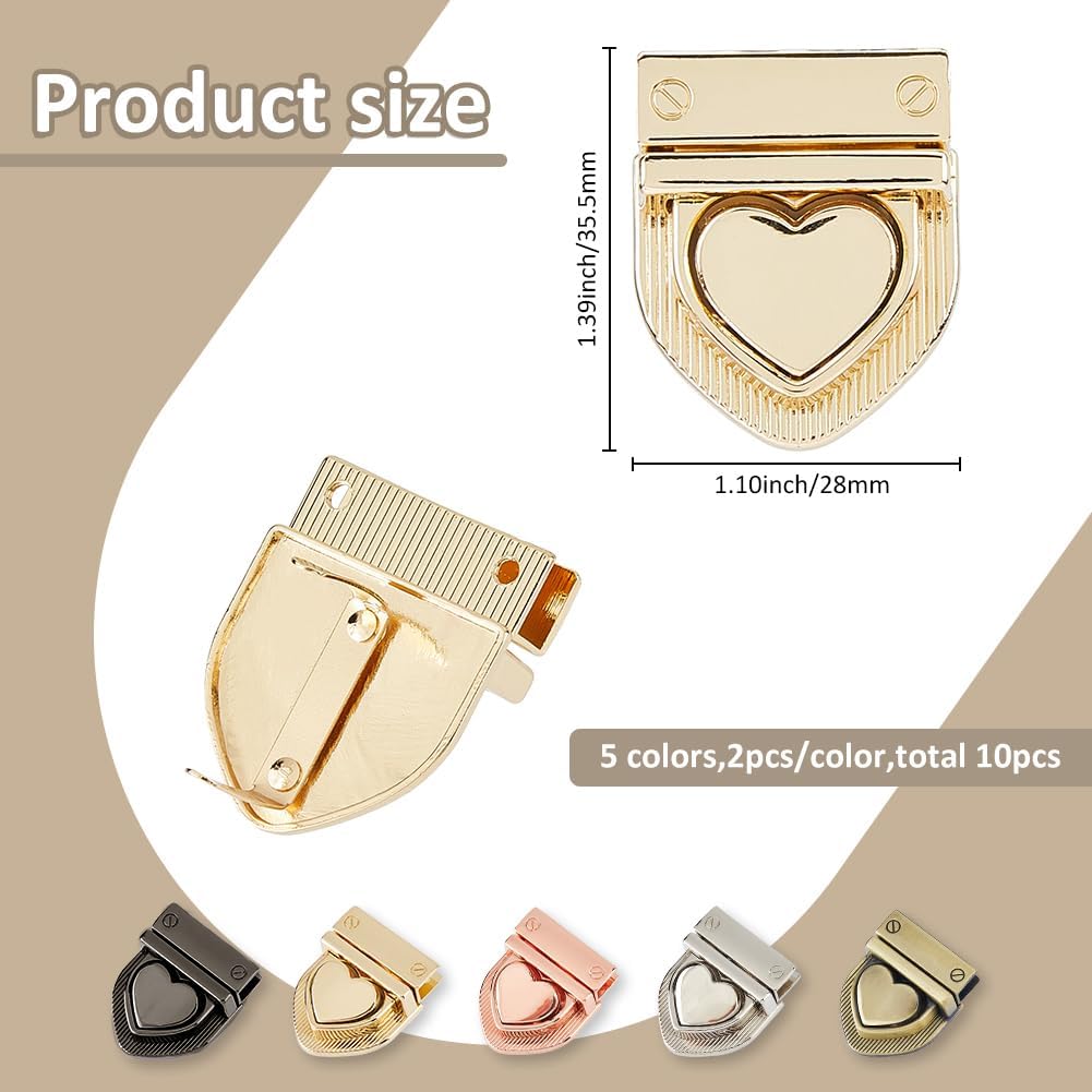 SUPERFINDINGS 10Pcs 5 Colors Heart Tuck Lock Clasps Catch Zinc Alloy Purse Thumb Lock Purse Closure Bag Press Lock Buckle Bag Lock Making Supplies for DIY Purse Handbag Crafts