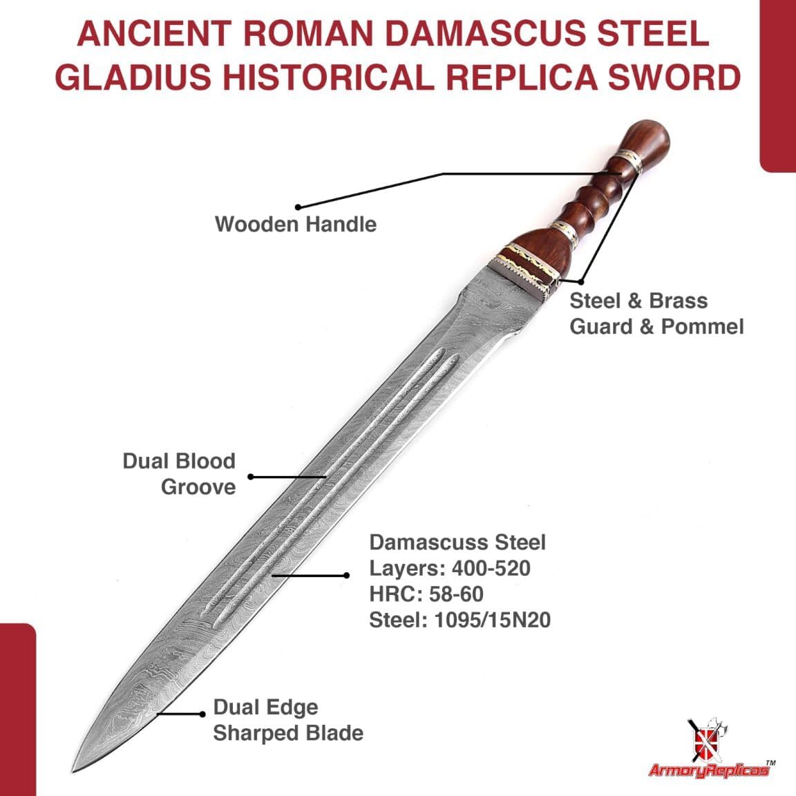 Armory Replicas™ Hand-Forged Damascus Roman Gladius Sword with Leather Sheath – Collector & Reenactment Ready
