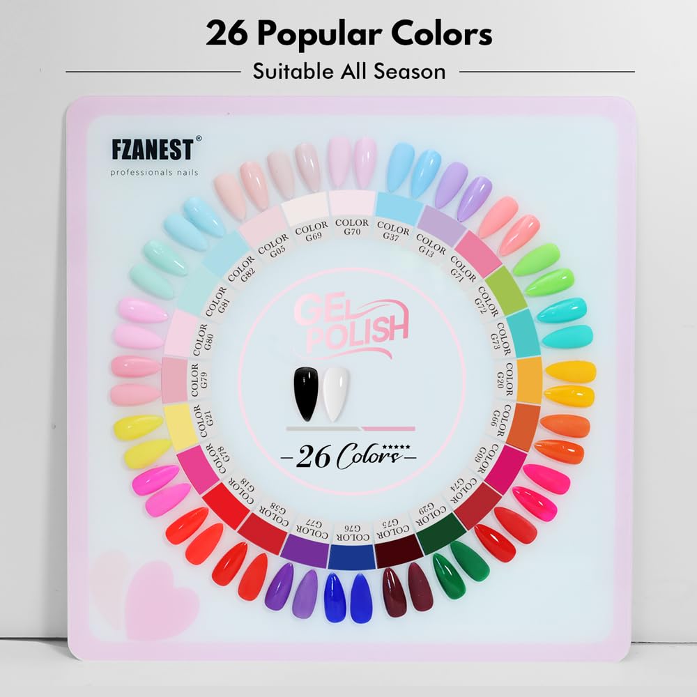 FZANEST 30pcs Gel Nail Polish Set, HEAM-free TPO-free Professional 10ml 26 Bright Spring Summer Candy Colors DIY Gel Nail Kit with Base Top Coat, Matte Top & Blooming – Unique Pink Heart Shaped Bottle
