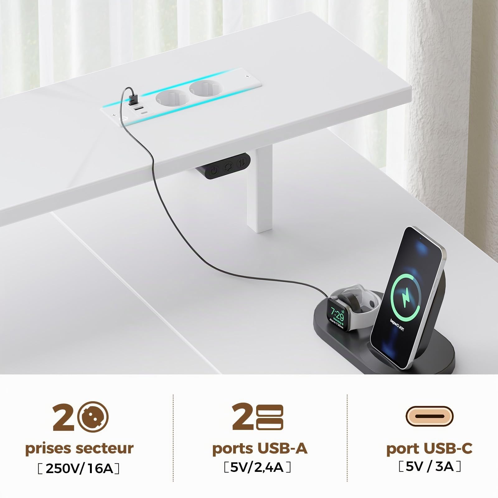 Seventable Bureau d’Angle en L 140 cm avec LED, Ports USB et Prise, tiroirs modulables et Support écran – Bureau Informatique Moderne avec rangements, Blanc
