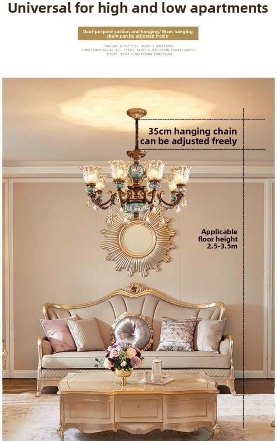 European Zinc Alloy Crystal Chandelier Vintage Living Room Light Elegant Dining Room Luxury Villa Hall Lighting Retro Classic Design(3 Heads)