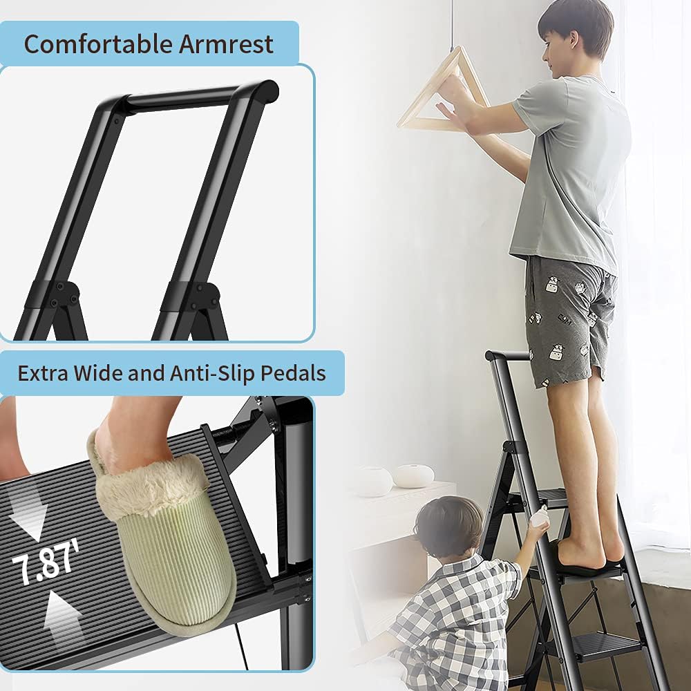 4 Step Ladder,Folding Step Stool with Convenient Handgrip for Home,Office,Kitchen, Aluminum Lightweight Portable Step Stool with Anti-Slip Sturdy Pedal, Black, 330 lbs Capacity - - 