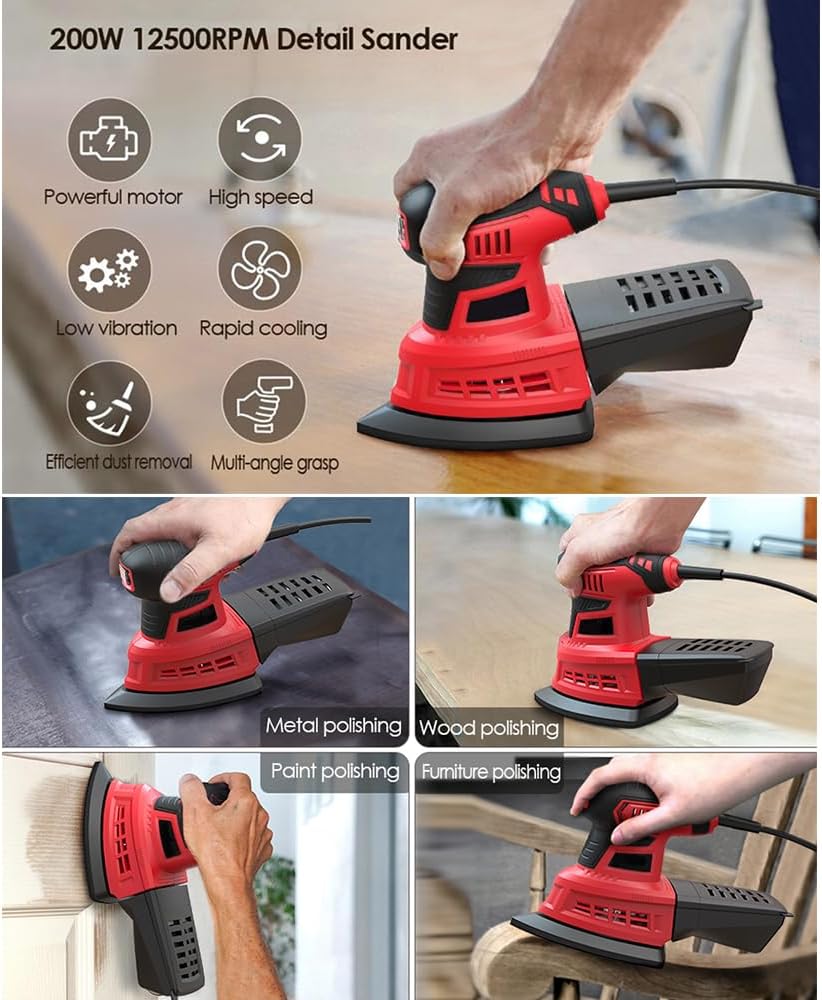 Detail Sander, Efficient 1.6A Random Orbit Sander with 20Pcs Sandpapers for Tight Spaces Sanding in Home Decoration and DIY Working (US Plug)