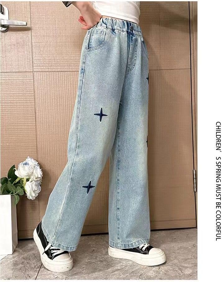New Spring and Autumn Girls' Jeans, Children's Loose Casual Cowboy Wide Leg Pants Blue image 5
