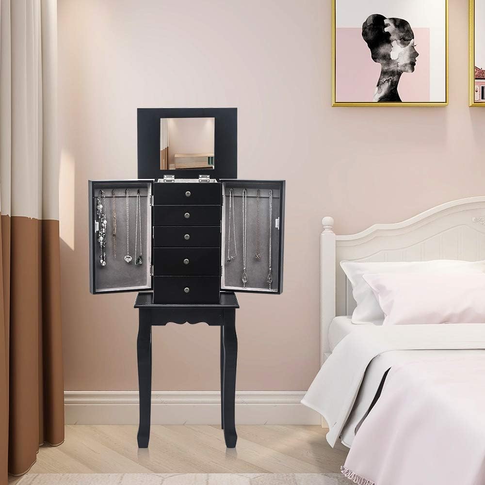 Jewelry Cabinet Armoire Storage Chest with Flip Top Mirror,4 Drawers,Makeup Display Jewelry Box Stand Up Accent Furniture Bedroom Armoires (Black)