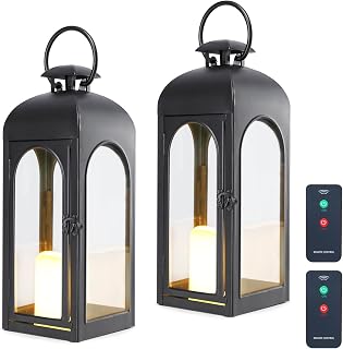 Bdor 2 Pack 16 Inches Metal and Tempered Glass Decorative Lantern with Electronic Wax Effect - Indoor/Outdoor Decorative Lighting, Handcrafted Aesthetic, Perfect for Home, Parties, and Holiday Decor