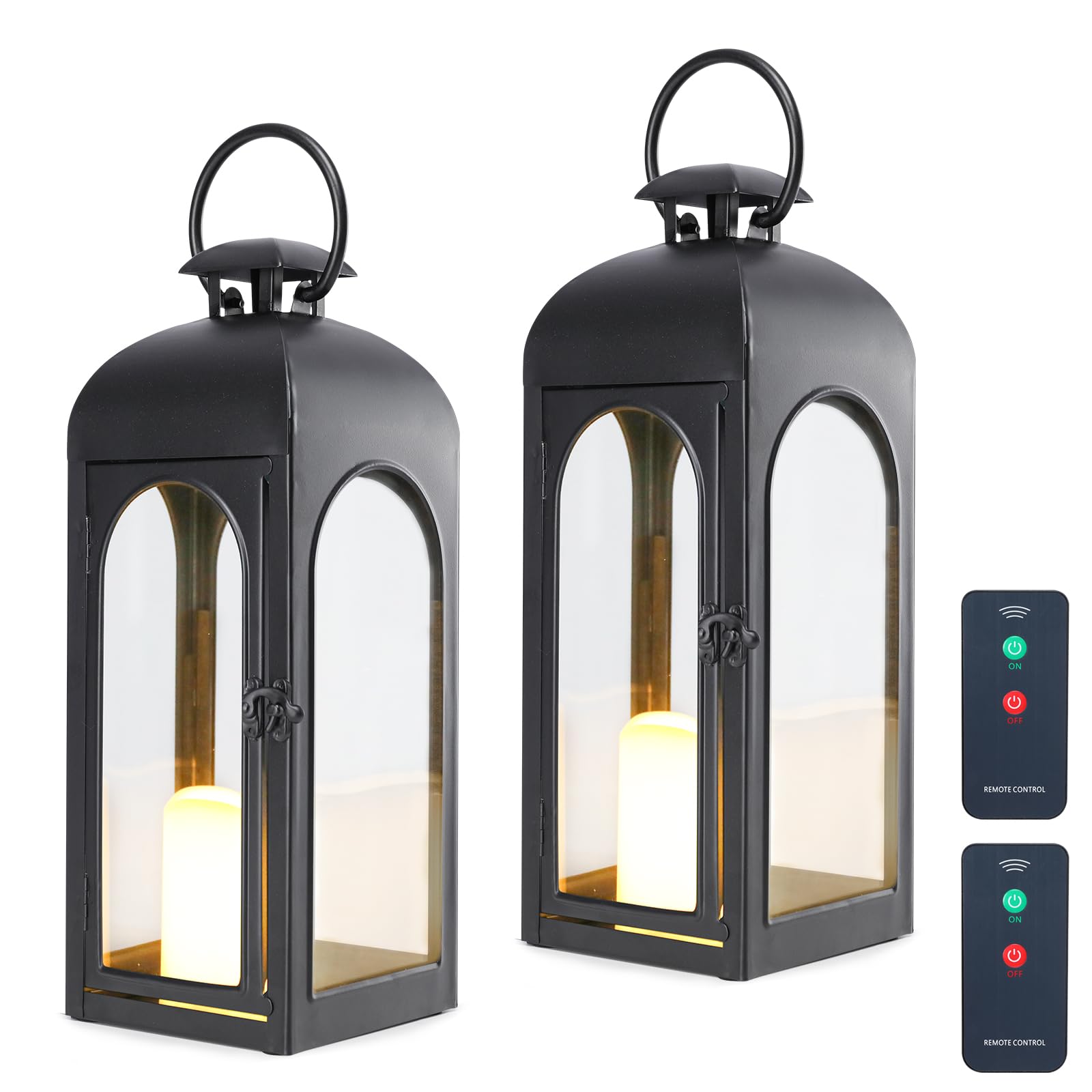 Bdor 2 Pack 16 Inches Metal and Tempered Glass Decorative Lantern with Electronic Wax Effect - Indoor/Outdoor Decorative Lighting, Handcrafted Aesthetic, Perfect for Home, Parties, and Holiday Decor