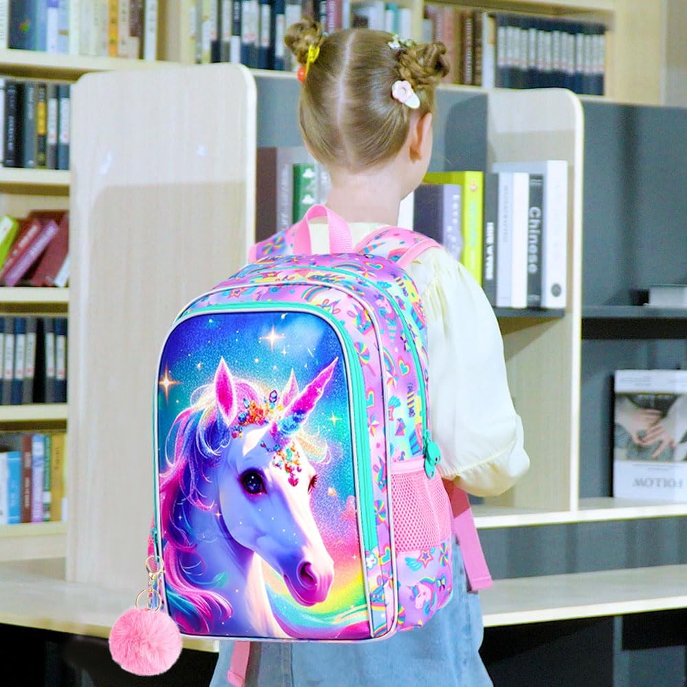 gxtvo 3PCS Girls Unicorn Backpack, 16" Kids Bookbag with Lunch Box, Water Resistant Elementary School Bag for Preschool Toddler - Image 8