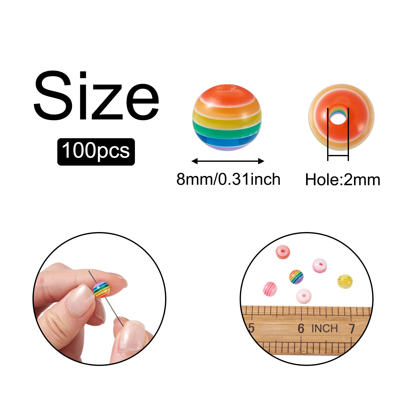 PandaHall 100pcs 8mm Rainbow Striped Round Beads Colorful Resin Spacer Beads Chunky Rainbow Loose Charms Beads for Bracelet Earrings Jewelry Making Random Mixed Color - Image 3