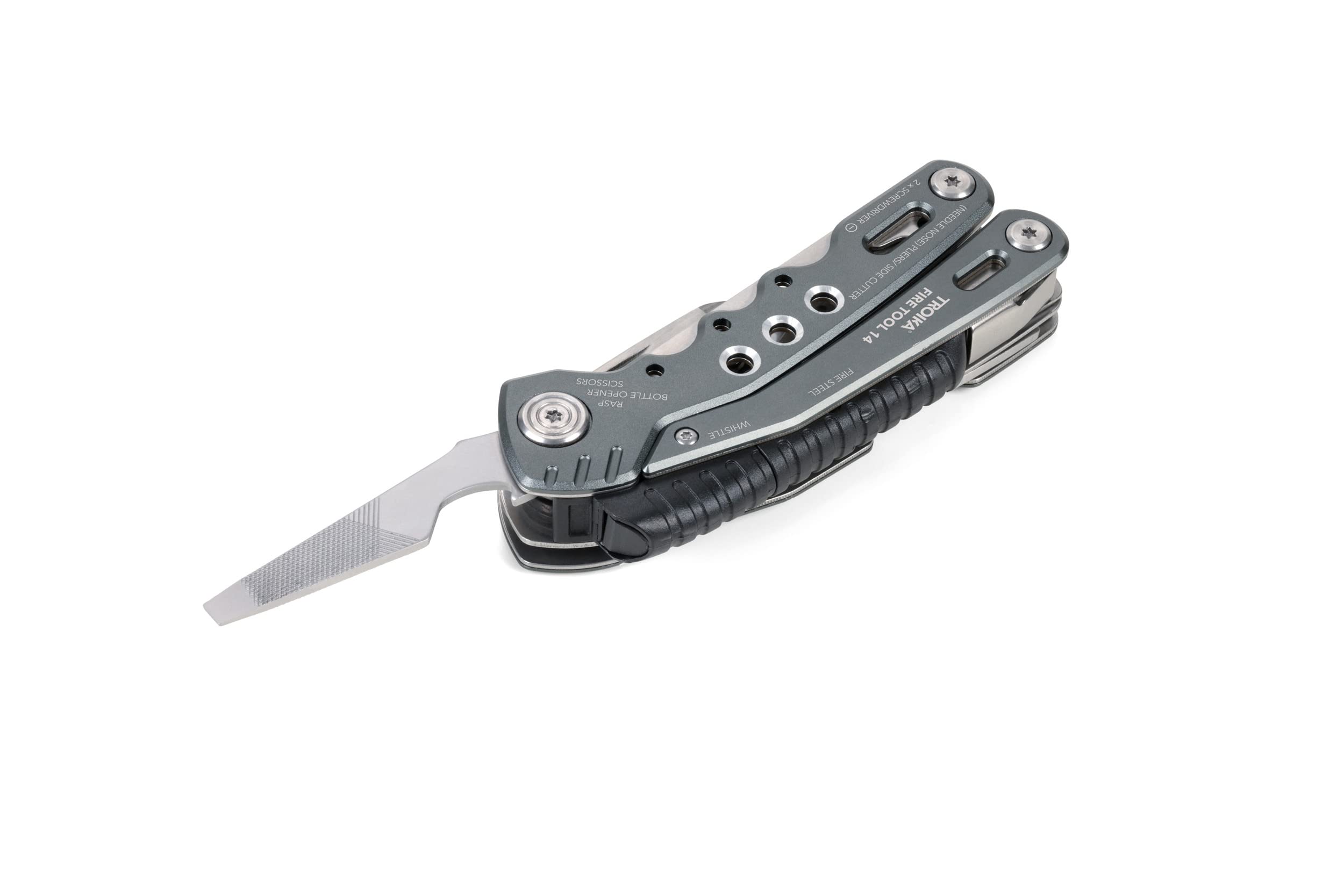 Troika Fire Tool 14 Outil multifonction avec 14 fonctions pour les voyages en plein air et survie – Ressort intégré et fonction de verrouillage – Acier inoxydable 420 – Aluminium – Anodisé – Gris