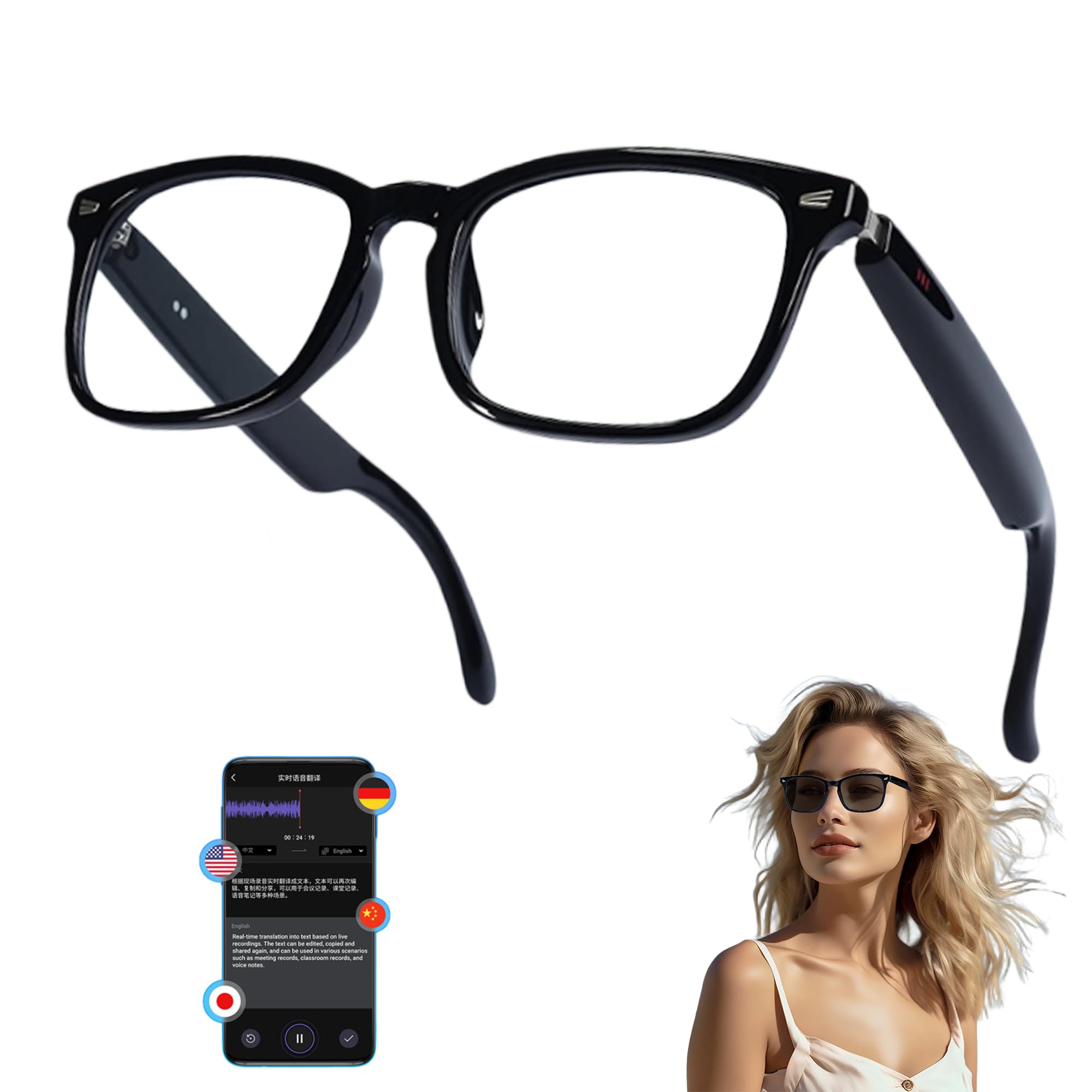 Photo 1 of MNVOEQ AI Smart Wireless Bluetooth Translation Glasses for Men/Women with Speakers/Bluetooth&140+ Languages Translation Sports/Travel/Drive/Busniess (C3+AI+Color Change Lenses+Black)
