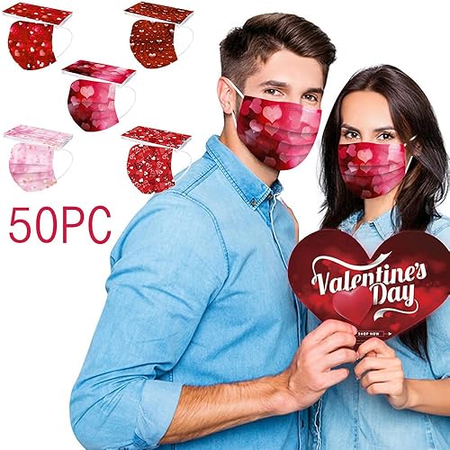 Miniatura 2 de 50 cubrebocas desechables para mujer, para el día de San Valentín, transpirables, desechables, para adultos, transpirables, corazones rojos,