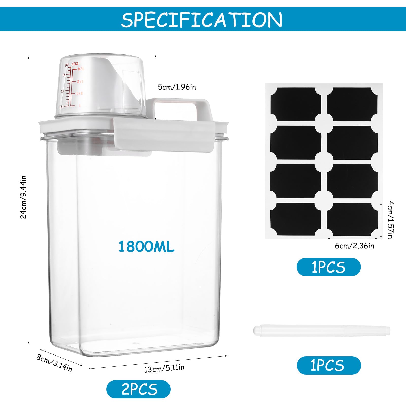 2 Pcs Dosificador Detergente Lavadora, 1800 ml Recipientes para Detergente en Polvo con Vaso Medidor, Dispensador de Detergentes, para Almacenamiento de Arroz Integral