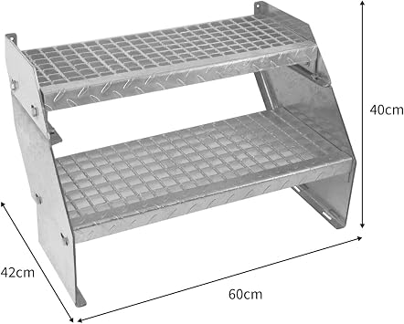Metal Staircase 2 Section Adjustable Height 60cm / 600mm Wide Galvanised Steel Silver 2 Steps Weatherproof Grate Step Outdoor Garden Patio Modular Stairs 5mm Rod Thickness FREE Fixing Kit