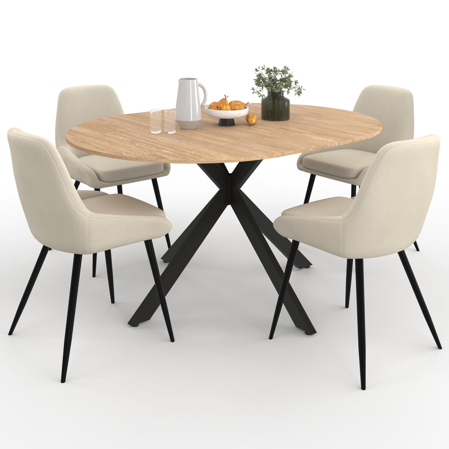 Table à Manger Extensible Ronde Alix Bois et Noir 110-150 cm avec 4 Chaises THALYA Velours Beige
