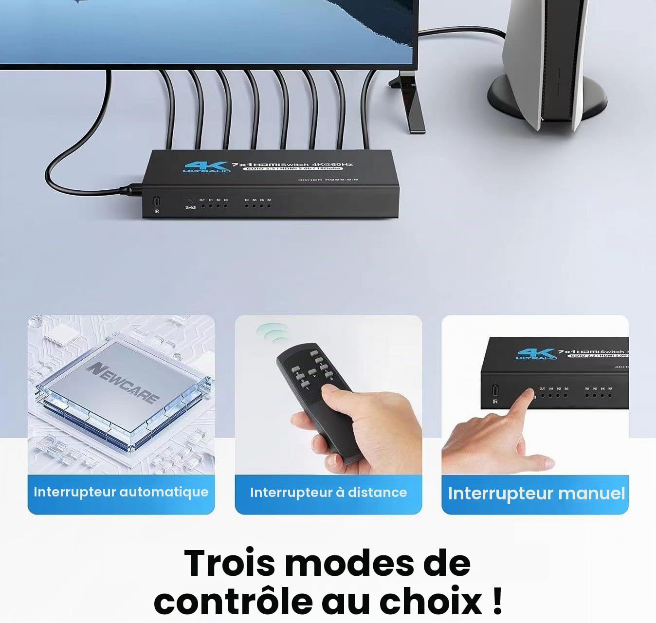 INF HDMI Switch 7x1 avec télécommande 4K@60Hz et télécommande IR, avec Divers appareils HDMI, y Compris pour Nintendo Switch, Xbox Series X, PC, Ordinateurs Portables et lecteurs Blu-Ray, Roku
