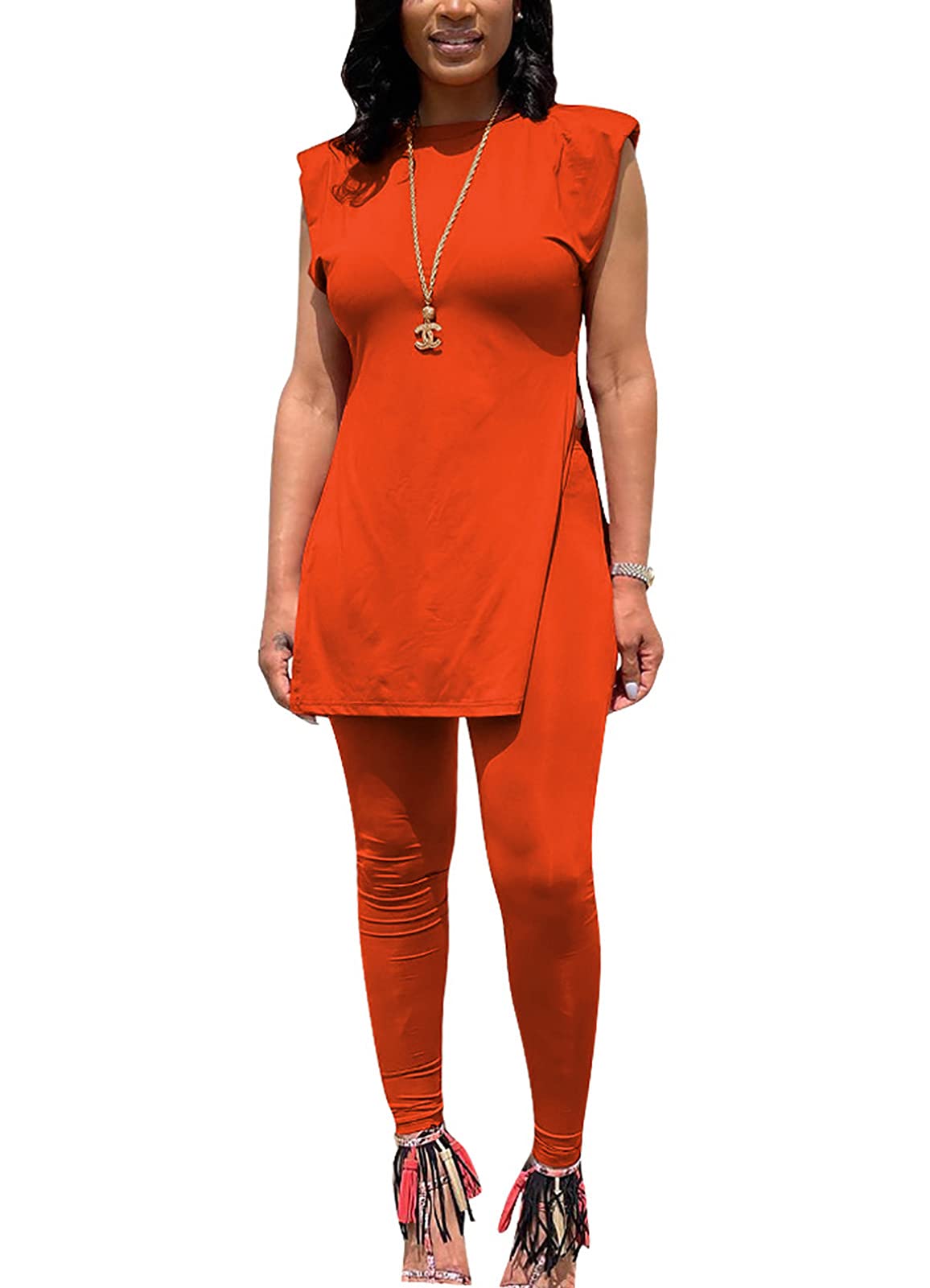 Womens 2 Piece Outfits Side Split Sleeveless Pad Shoulder T Shirts Top Skinny Long Pants Sets Casual Jumpsuits Clubwear