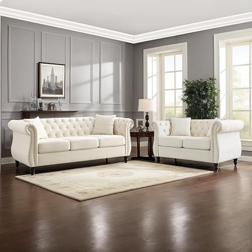 Miniatura 18 de Juego de sofás de 2 piezas de terciopelo negro moderno de 79" para 3 plazas y loveseat de 57", conjunto Chesterfield con botones capitoné y Negro