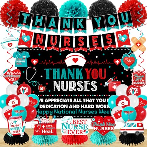 Nurses Week Decorations Nurse Week Decoration 2026 includes Thank You Nurse Banner Backdrop Balloons Honeycomb Centerpieces Hanging Swirls for Nurse Appreciation Decorations RN Graduation Party