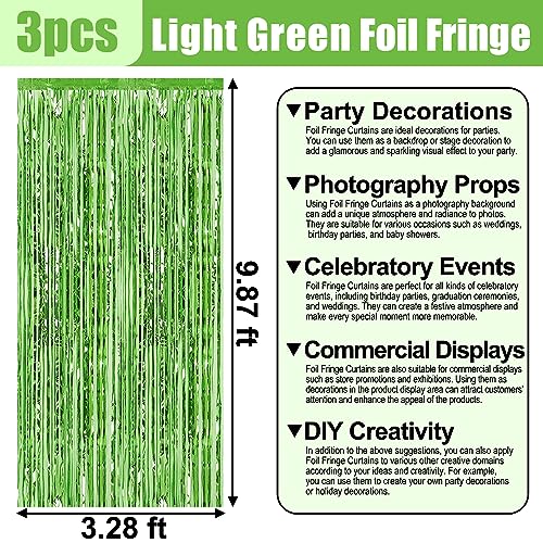 Image of 3 Pack Light Green Foil Fringe Curtain Backdrop, 3.28Ft x 9.8Ft Metallic Tinsel Foil Fringe Streamer Curtains for Photo Booth, Christmas Day, Thanksgiving Day, Wedding, New Year Party Decorations