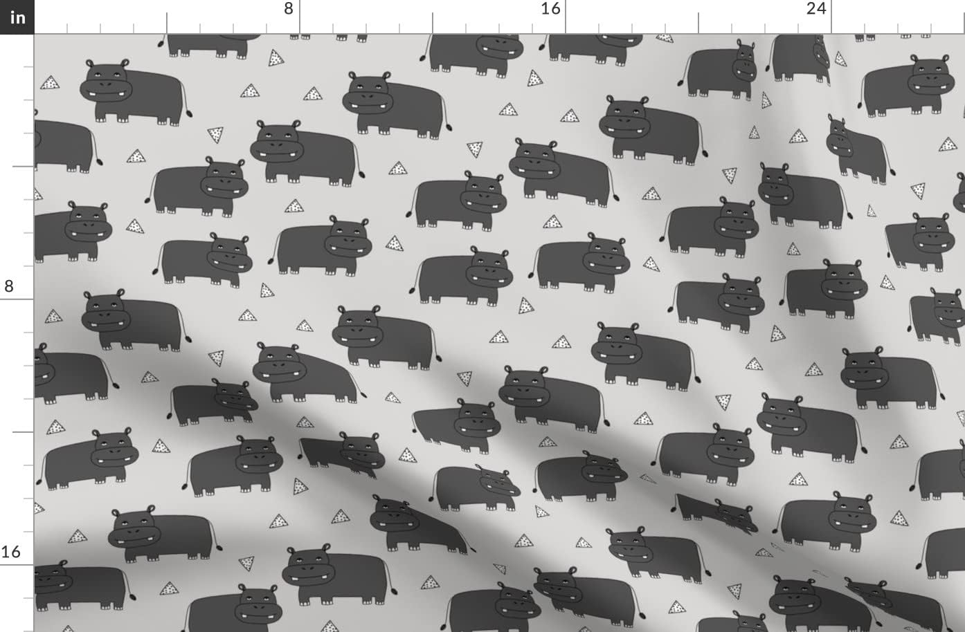Spoonflower Fabric - Happy Hippo Grey Triangle Kids Nursery Boy Monochrome Printed on Organic Cotton Sateen Fabric by The Yard - Sewing Quilting Apparel Home Decor