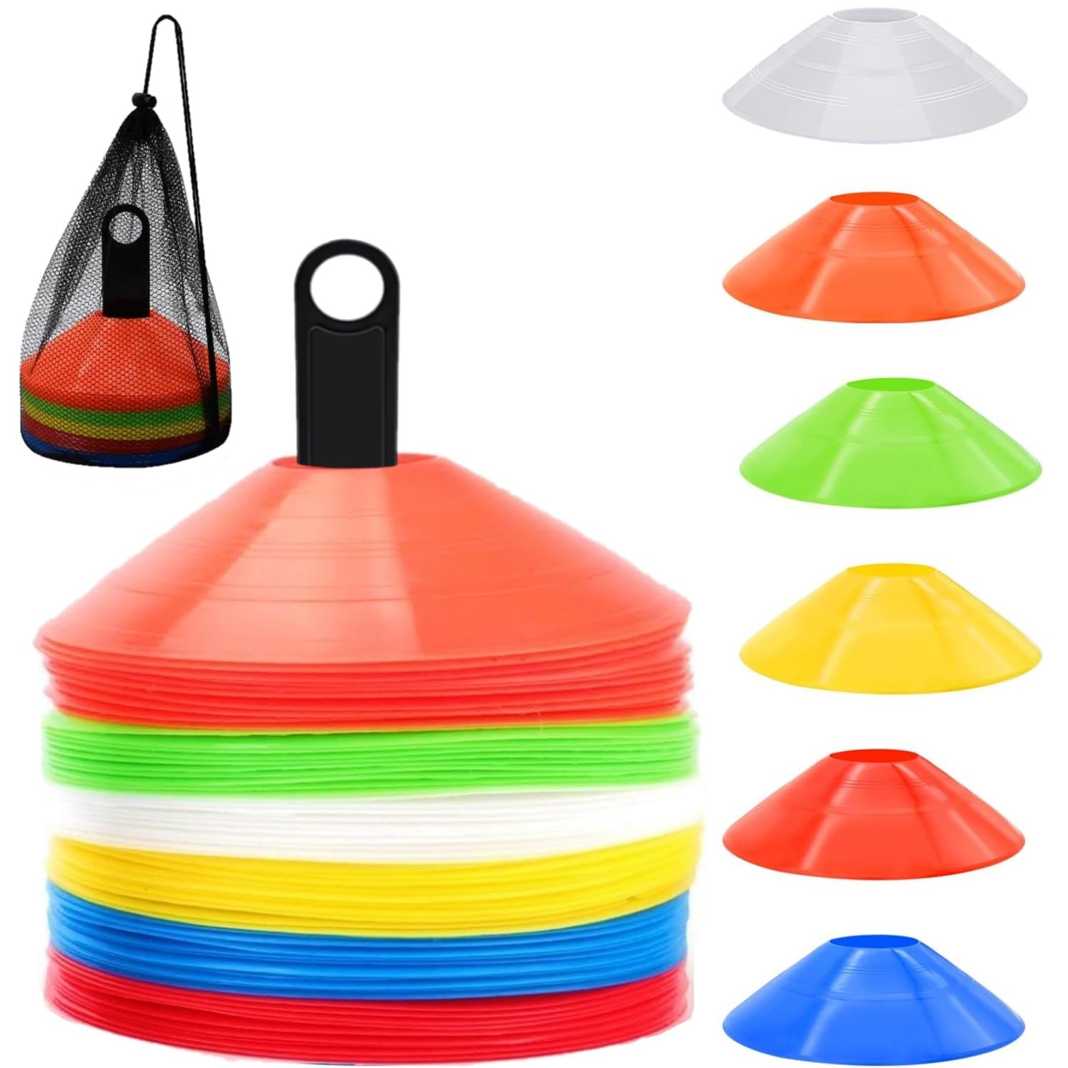 LATERN 60 Pièces Plots de Marquage pour Football Cône, 19CM Cônes de Marquage de Sécurité Sportive avec Sac de Transport et Support pour Basketball Soccer Football L'agilité Entraînement (6 Couleurs)