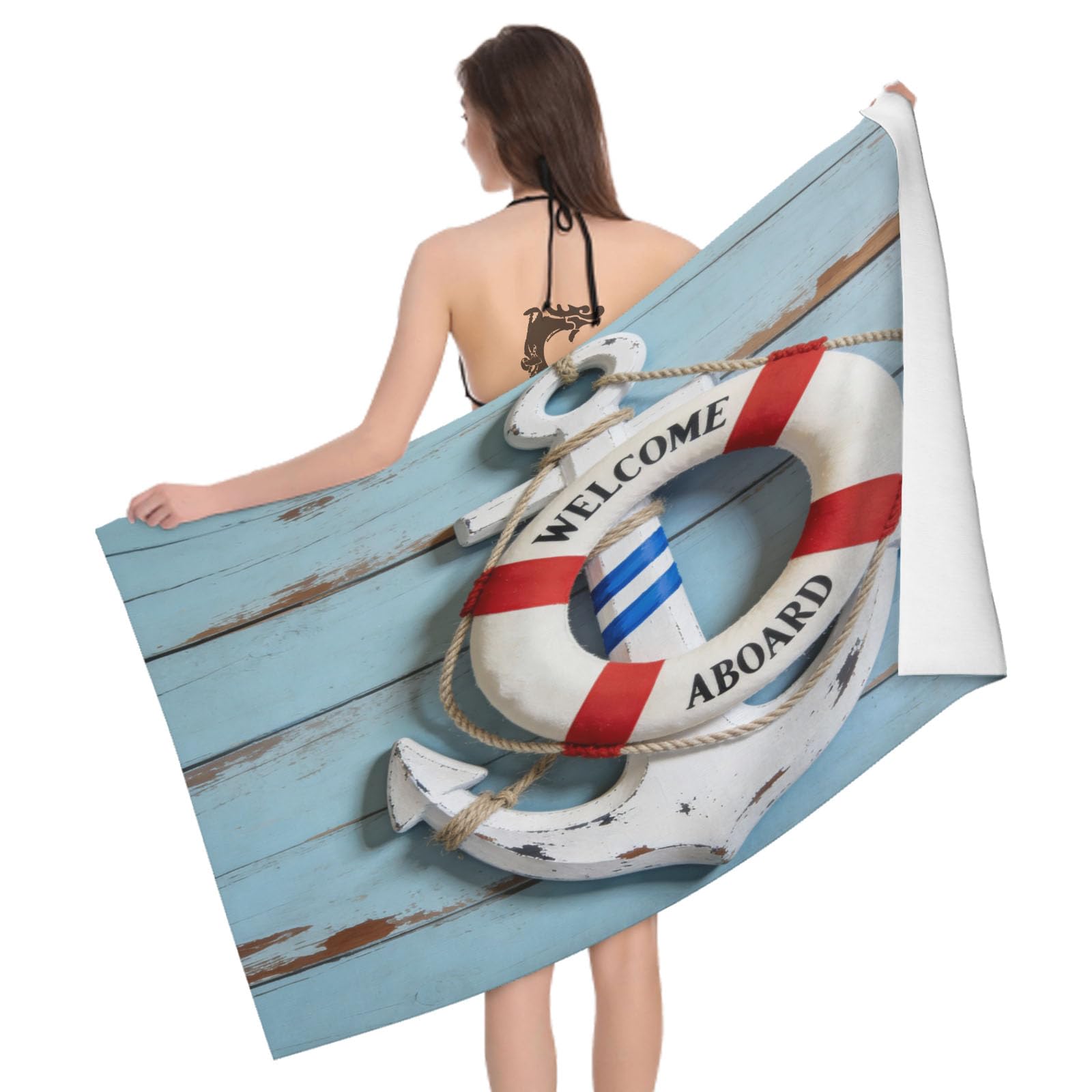 Leichong 3D Anchor Beach Towel Large Microfiber Soft Quick Dry for Adults, Ocean Marine Theme Bath Towel Lightweight Soft Absorbent for Travel Swimming Pool Sports, 80 x 160 cm