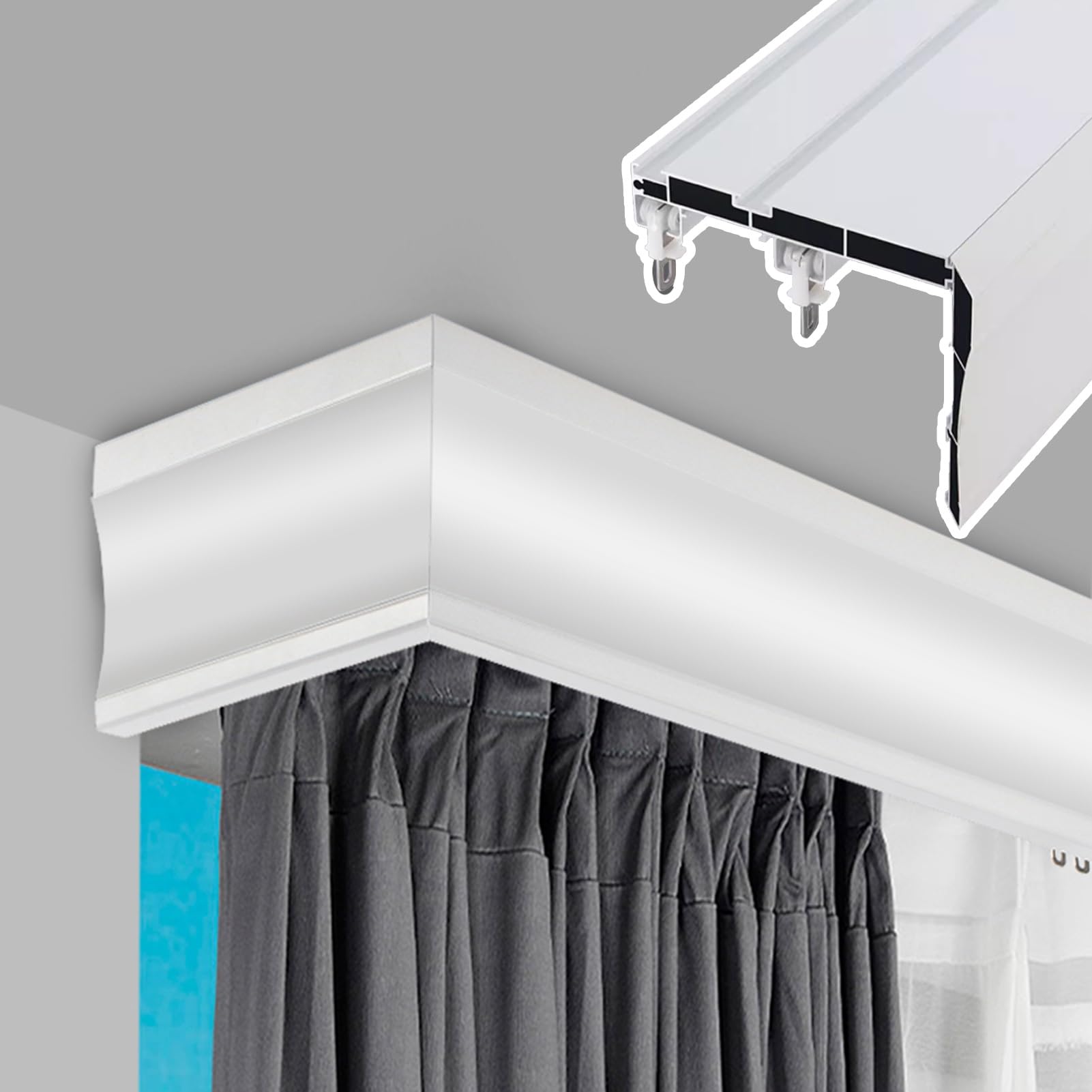 White Custom Length 3 in 1 Window Curtain Pelmet Box with Double Tracks Metal Rod - Wall Mount Valance Included - Decorative Valance