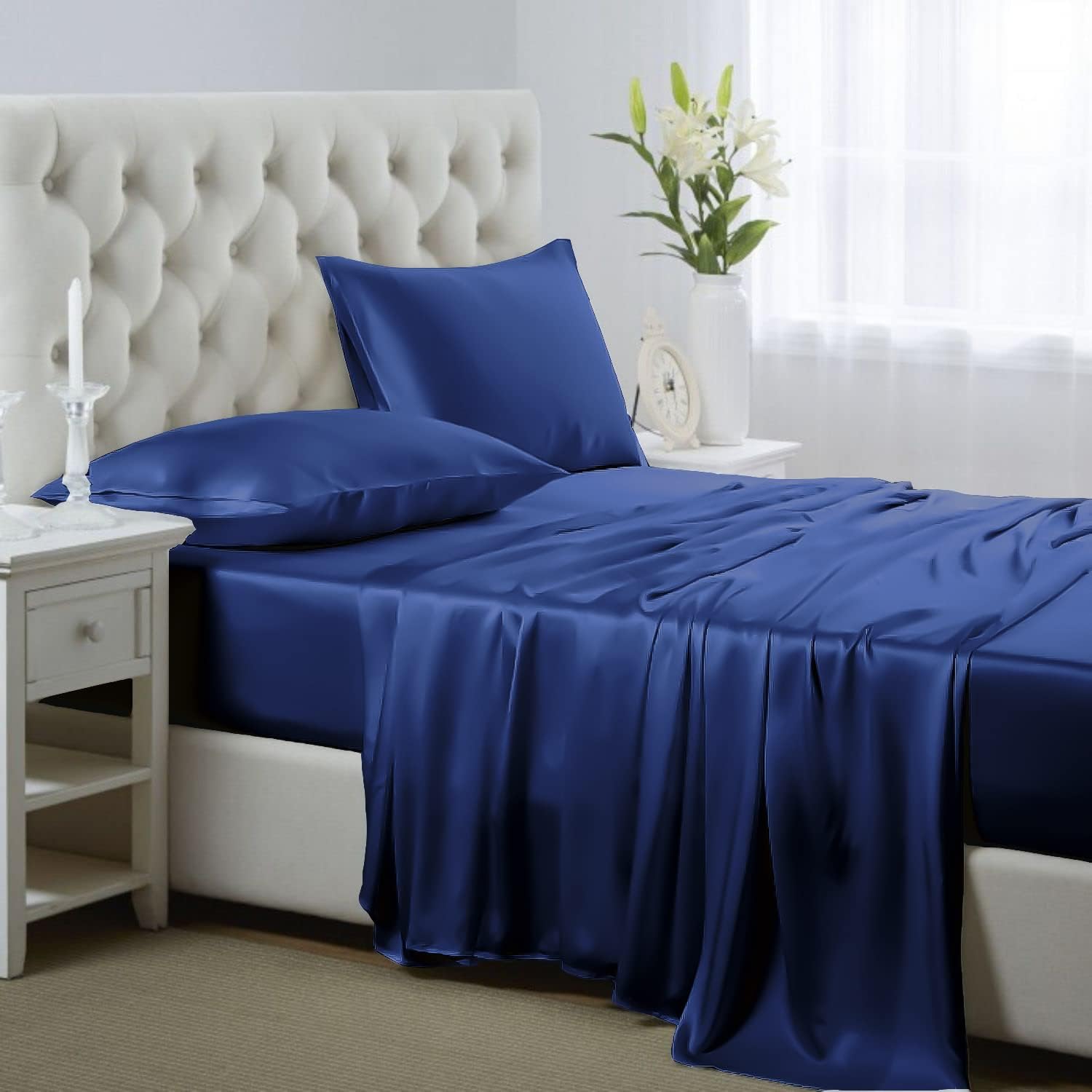 Lanest Housing Silk Satin Sheets, Queen Size Satin Bed Sheet Set with Deep Pockets, Cooling Soft and Hypoallergenic Satin Sheets Queen - Navy Blue