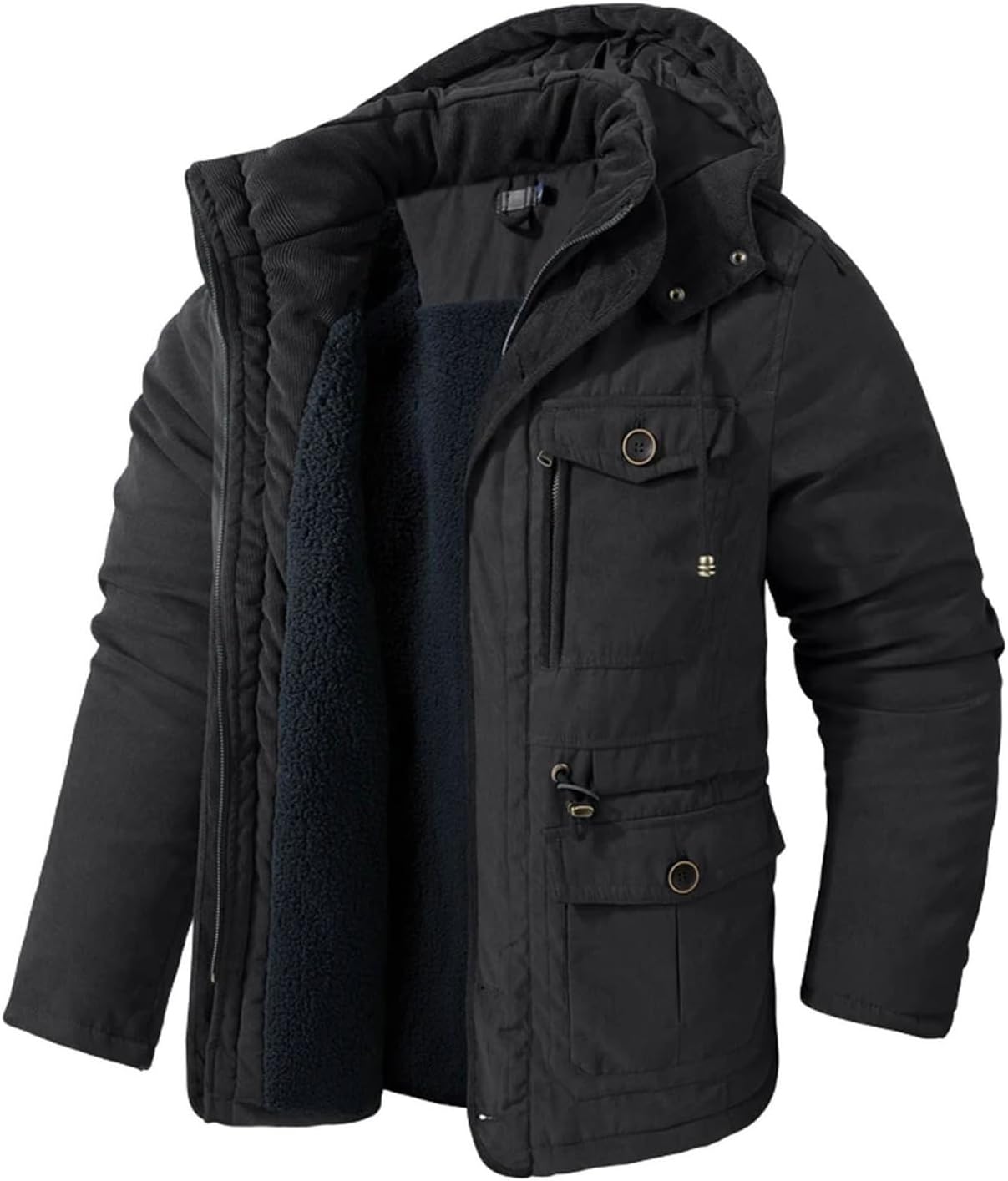 Mens Winter Fleece Warm Jackets Thicken Thermal Tactical Hooded Coats Outdoor Multi-pocket Windbreaker Tops