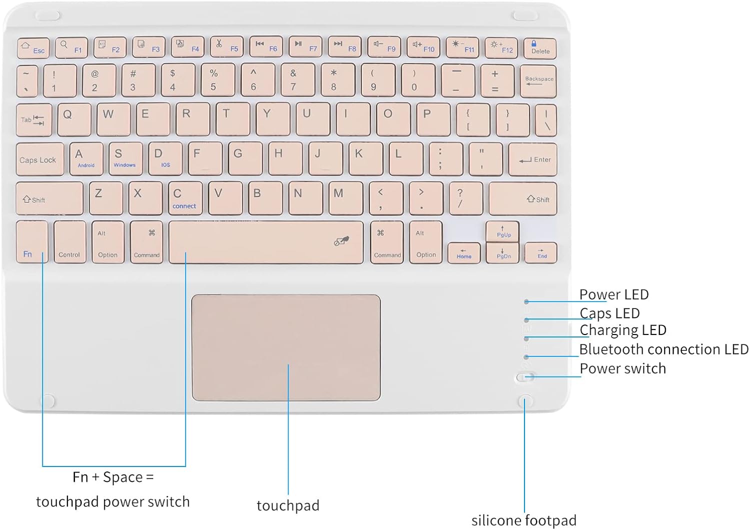 Keyboard layout with indicator lights and touchpad power switch