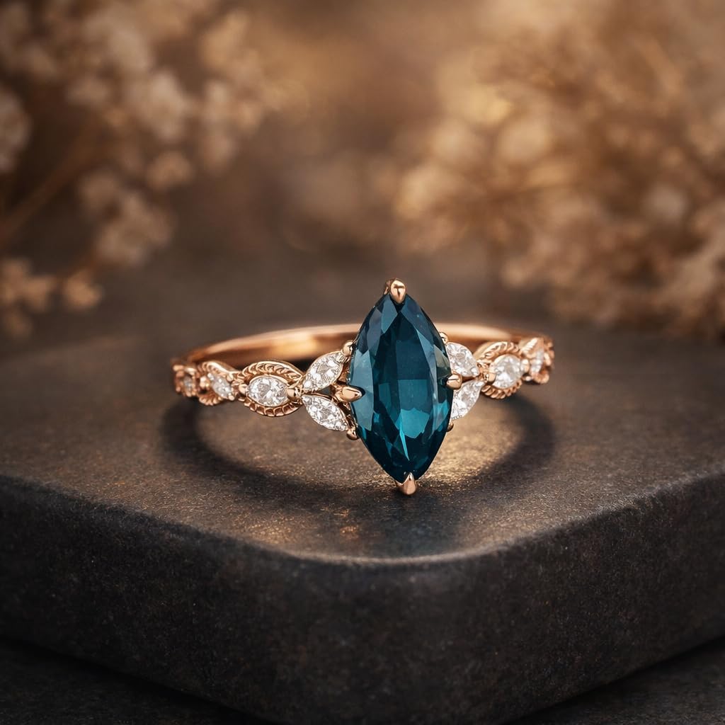 Marquise Cut London Blue Topaz Engagement Ring 14K Rose Gold Vintage CZ Diamond Accent Ring December Birthstone Alternative Wedding Promise Jewelry Gift For Her