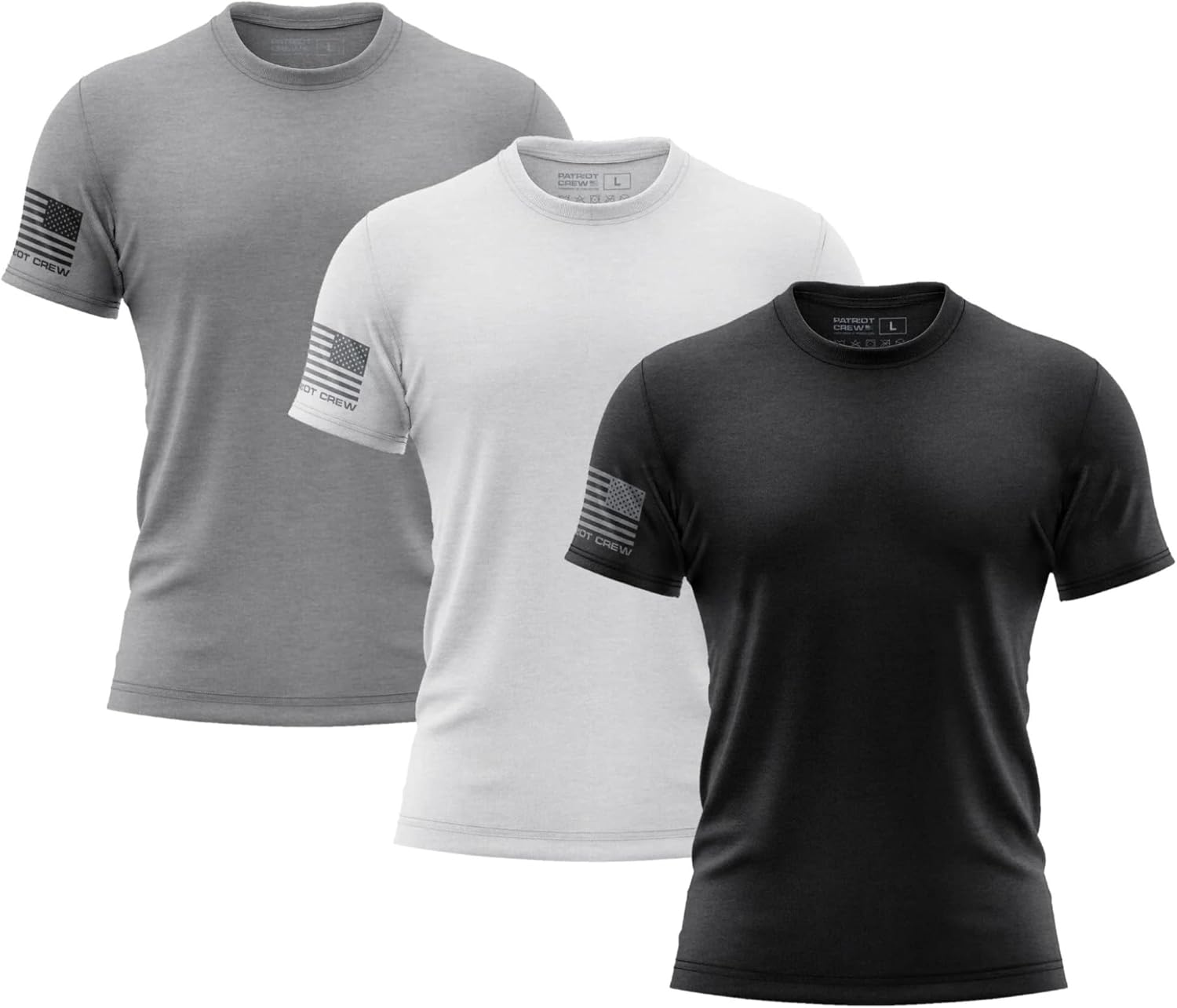 Patriot Crew Men's Gunmetal Fresh T-Shirt, American Classic Tee, USA & Freedom Style Shirt, Flag on Right Sleeve (3 Pack)