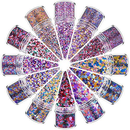 12 Colors Body Glitter 3D Holographic Chunky Cosmetic Glitter Resin Sequins for Body Nail Eyeshadow Hair Face Lip Gloss Making DIY Crafts Arts Glitters Makeup Glitters for Women Mermaid Girls