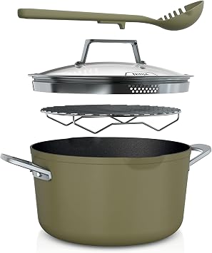 Ninja CW202GN Foodi NeverStick PossiblePot, Premium Set with 7-Quart Capacity Pot, Roasting Rack, Glass Lid & Integrated Spoon, Nonstick, Durable & Oven Safe to 500F, Olive Green
