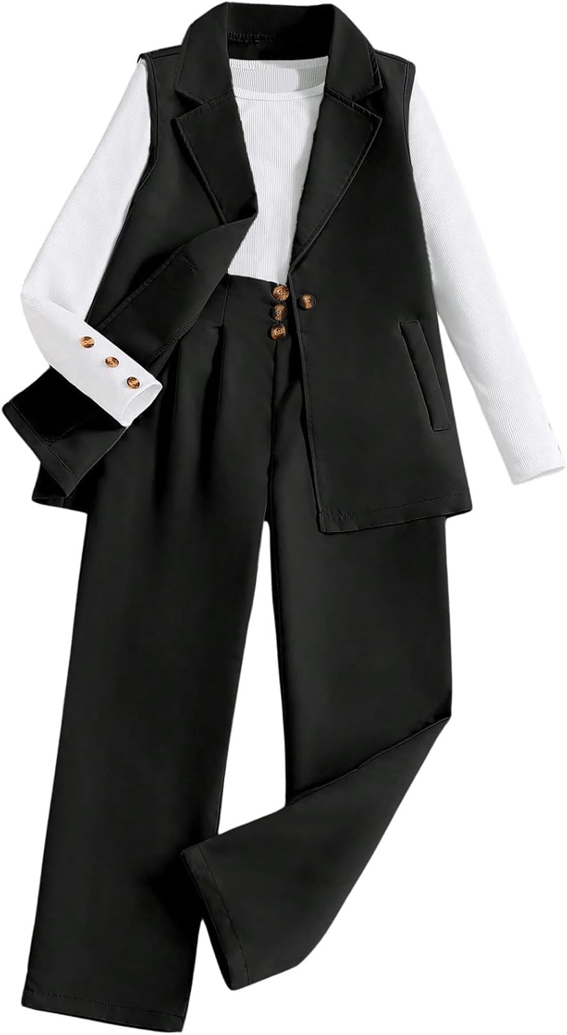 Milumia Girl's 3 Piece Outfits Long Sleeve Tee Shirt and Blazer Vest with Pants