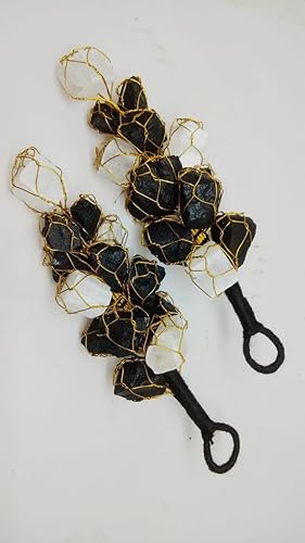 Juego de 2 trozos de turmalina negra natural y selenita ásperos para colgar en la puerta del automóvil para buena suerte, corrección Vaastu, Bt &