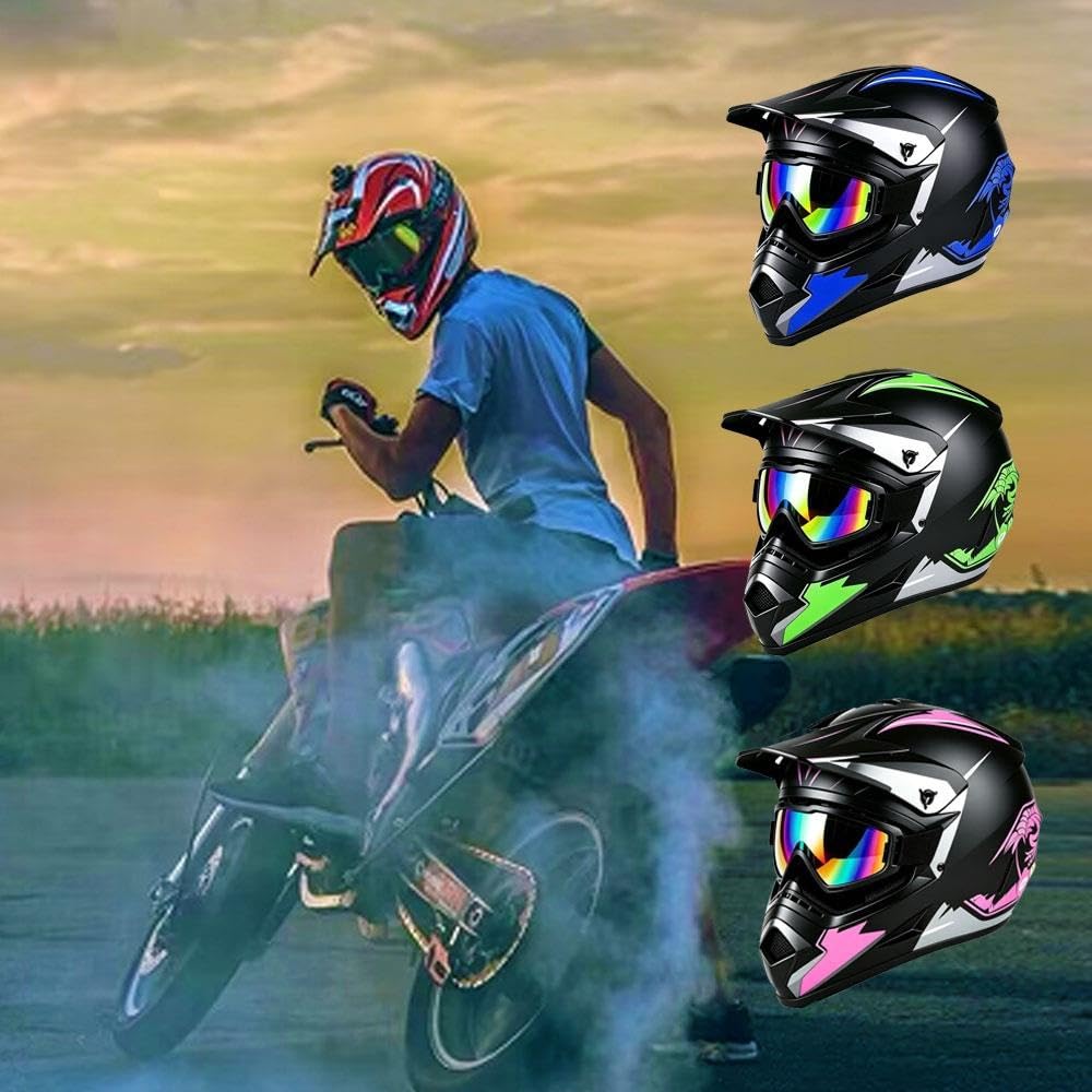 Motocross-Helm-Set für Kinder 4-Teilig: Integralhelm, Handschuhe, Schutzbrille – Geeignet für Motocross, Offroad-Rennen, ATV Und Dirt Bike DOT-Zertifiziert
