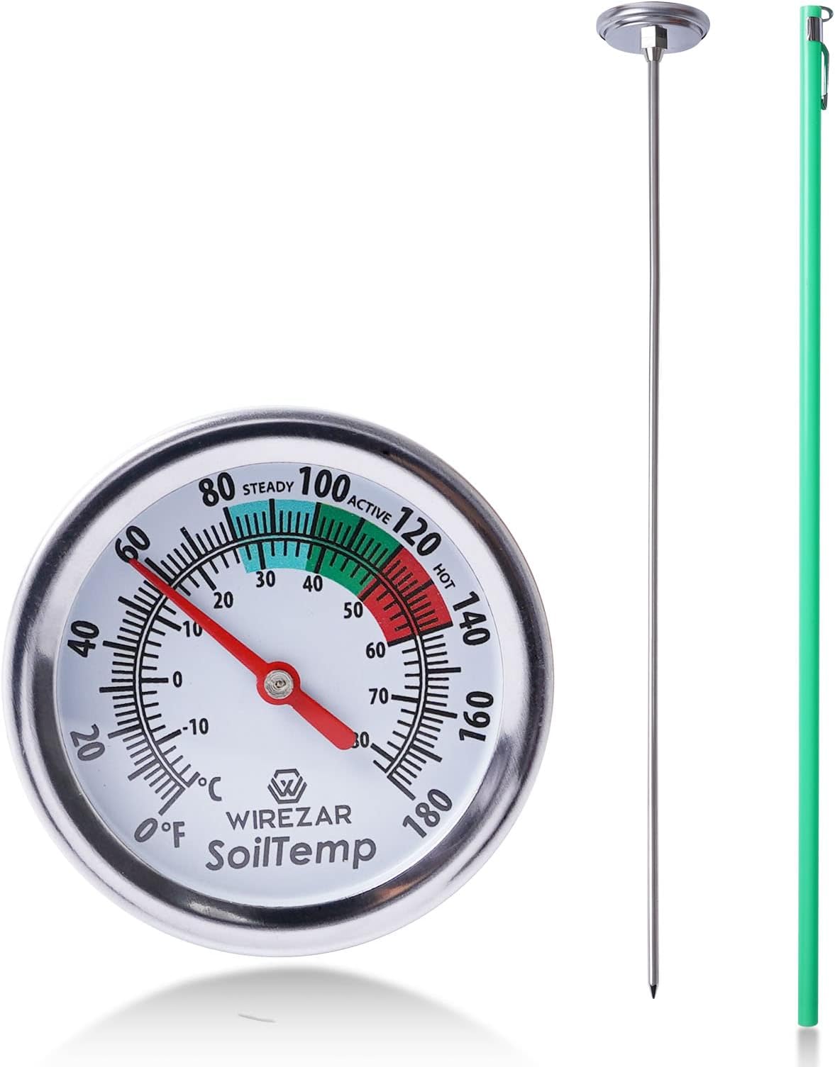 Long Stem Compost Thermometer for Gardening - Stainless Steel Testing Thermometer With 1.5" Dial Display - Fahrenheit and Celsius - Easily Monitor Temperature in Compost Heaps and Soil (16")