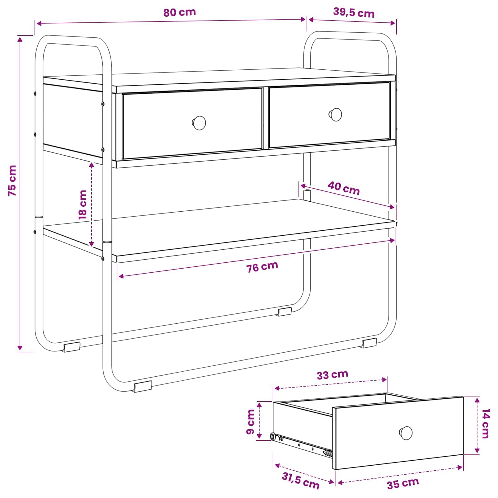 Tavolo consolle in rovere Artisan, 80 x 40 x 75 cm, in legno | Telaio in acciaio zincato, piedini in gomma, 2 ripiani, facile da montare per corridoio o soggiorno