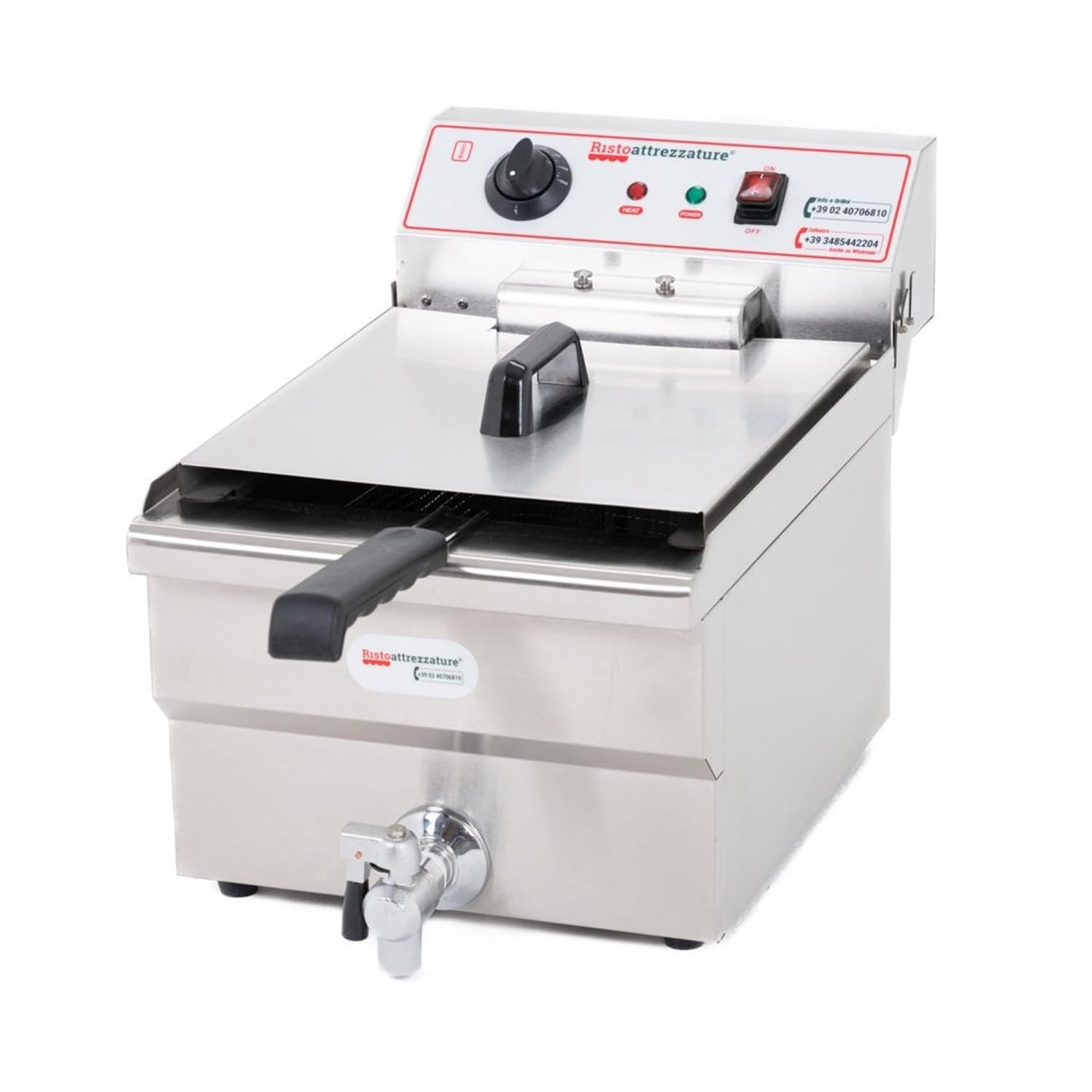 Ristoattrezzature Friggitrice Elettrica Singola Vasca, Professionale in Acciaio Inox - con Rubinetto di Scarico - 16 Litri, Capacità Olio 12 Litri - 220 Volt
