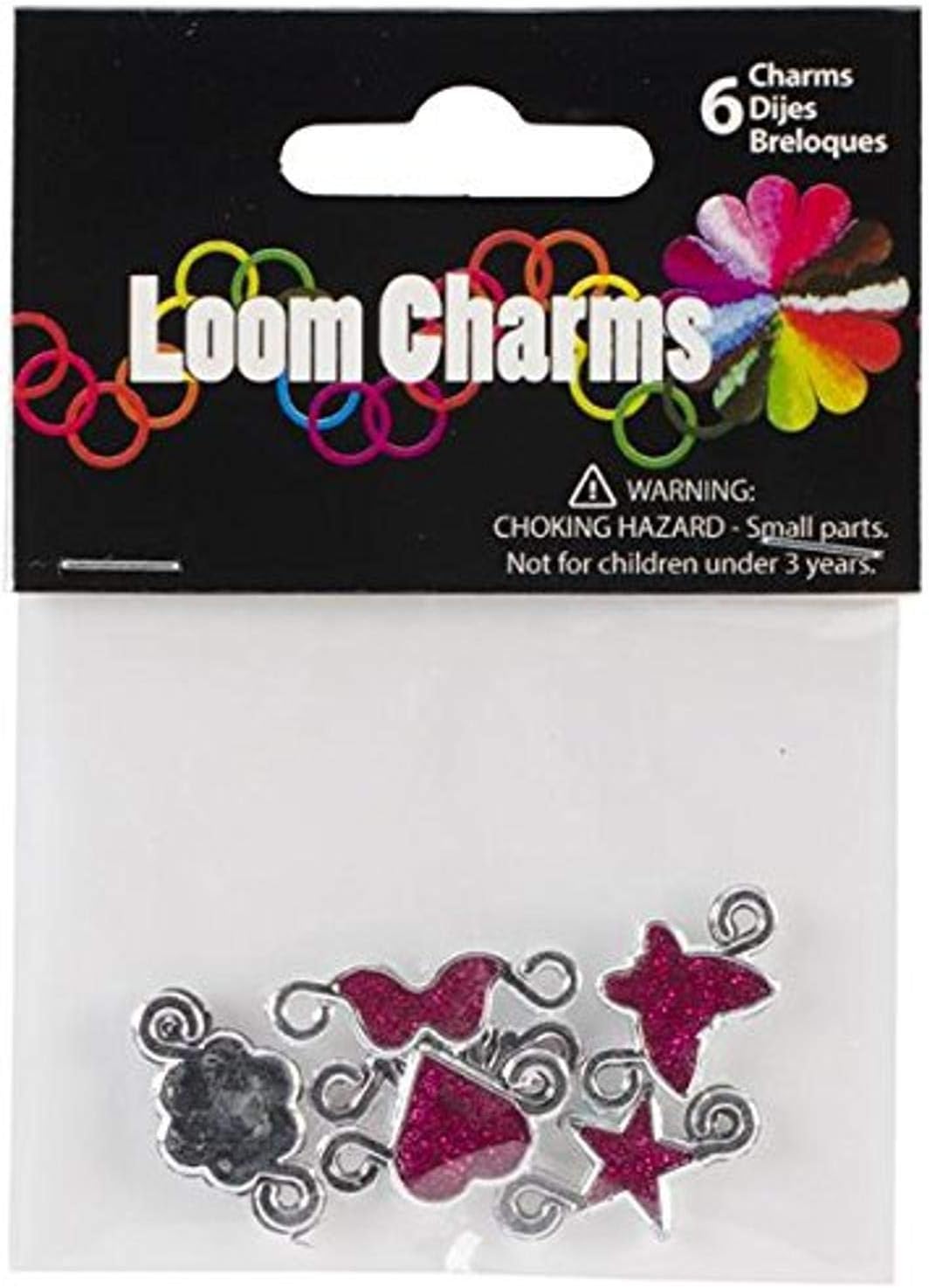 6-Piece Loom Band Glitter Assorted Charms, Bright Pink