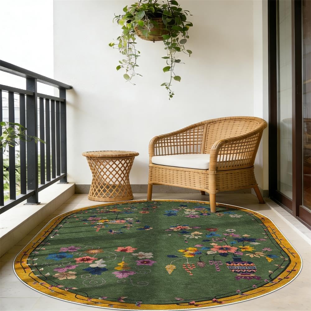 Kurzflor Oval Teppiche Esszimmer, Schlafzimmer Kurzflor Teppich für Arbeitszimmer Büro, Retro-Blumenmuster in verschiedenen Grüntönen Oval 160x230cm