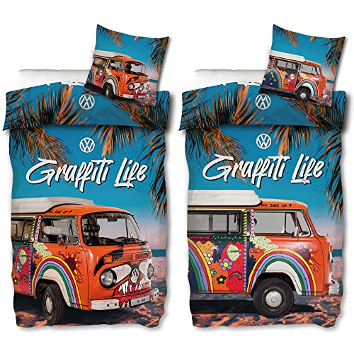 Volkswagen Bulli - Juego de cama (135 cm x 200 cm + 80 cm x 80 cm, 100% algodón, linón reforzado, calidad VW Bus T1, furgoneta, 2 diseños, retro, playa, reversible, cremallera 185)