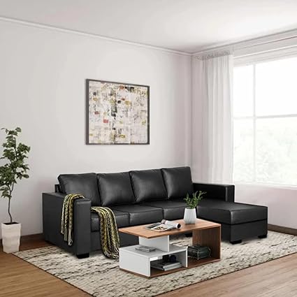 FURNY Jardon 5 Seater Leatherette RHS L Shape Sofa Set (Black)