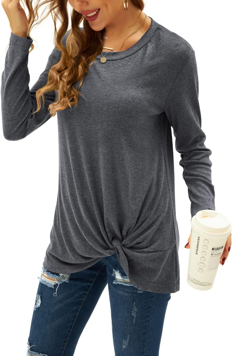 Womens Casual Tunic Tops Long Sleeve Twist Knot T Shirts Blouses(01-Dark Grey, Large)