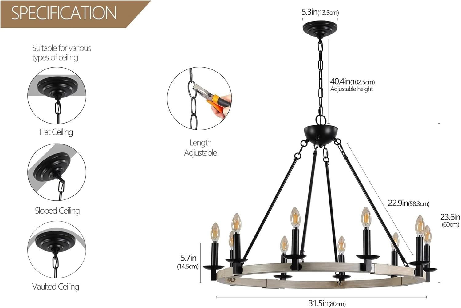 Rustic Farmhouse 10-Light Candle Chandelier, Black Metal and Wood Round Hanging Light Fixture, Adjustable Height,luminaire